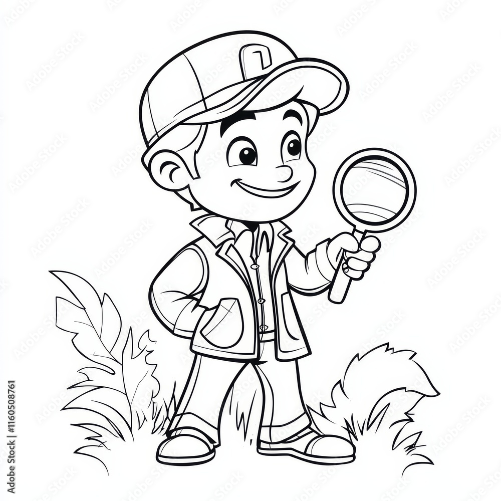Little Detective's Discovery: A cheerful cartoon detective boy, cap tilted jauntily, investigates with a magnifying glass, poised amid stylized foliage.