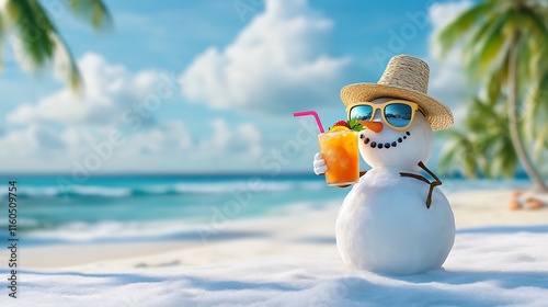 A snowman on a white, snowy beach holding a fruity drink, wearing sunglasses and a straw hat. photo