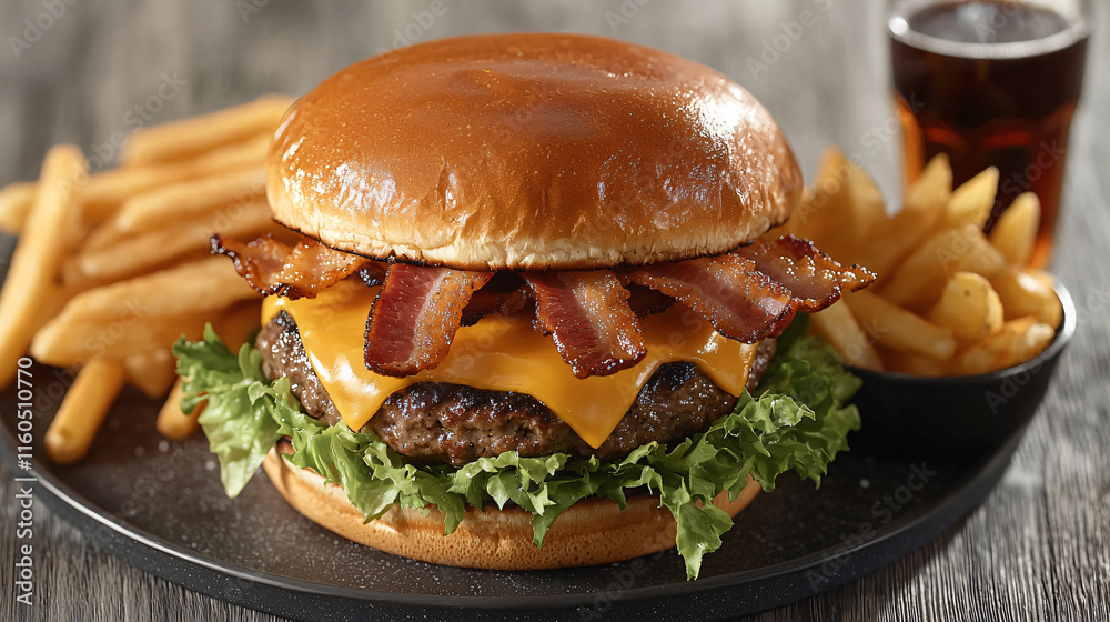 A juicy gourmet burger with a grilled beef patty, melted cheddar cheese, crispy bacon, and fresh lettuce, served on a brioche bun with fries and a glass of cola. 