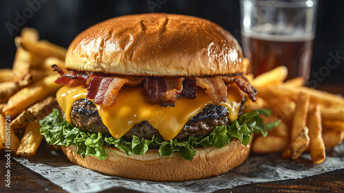 A juicy gourmet burger with a grilled beef patty, melted cheddar cheese, crispy bacon, and fresh lettuce, served on a brioche bun with fries and a glass of cola. 