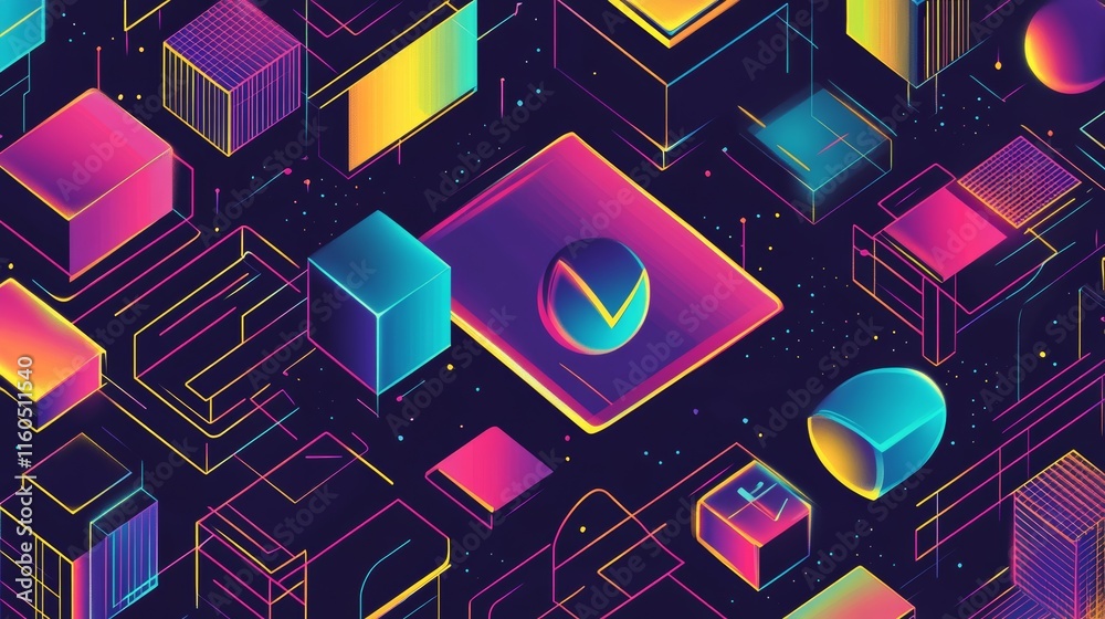 Geometric shapes in isometric style with gradient. Futuristic seamless pattern. Retrowave. Geometric shapes in isometric style with gradient. Futuristic seamless pattern. Retrowave.