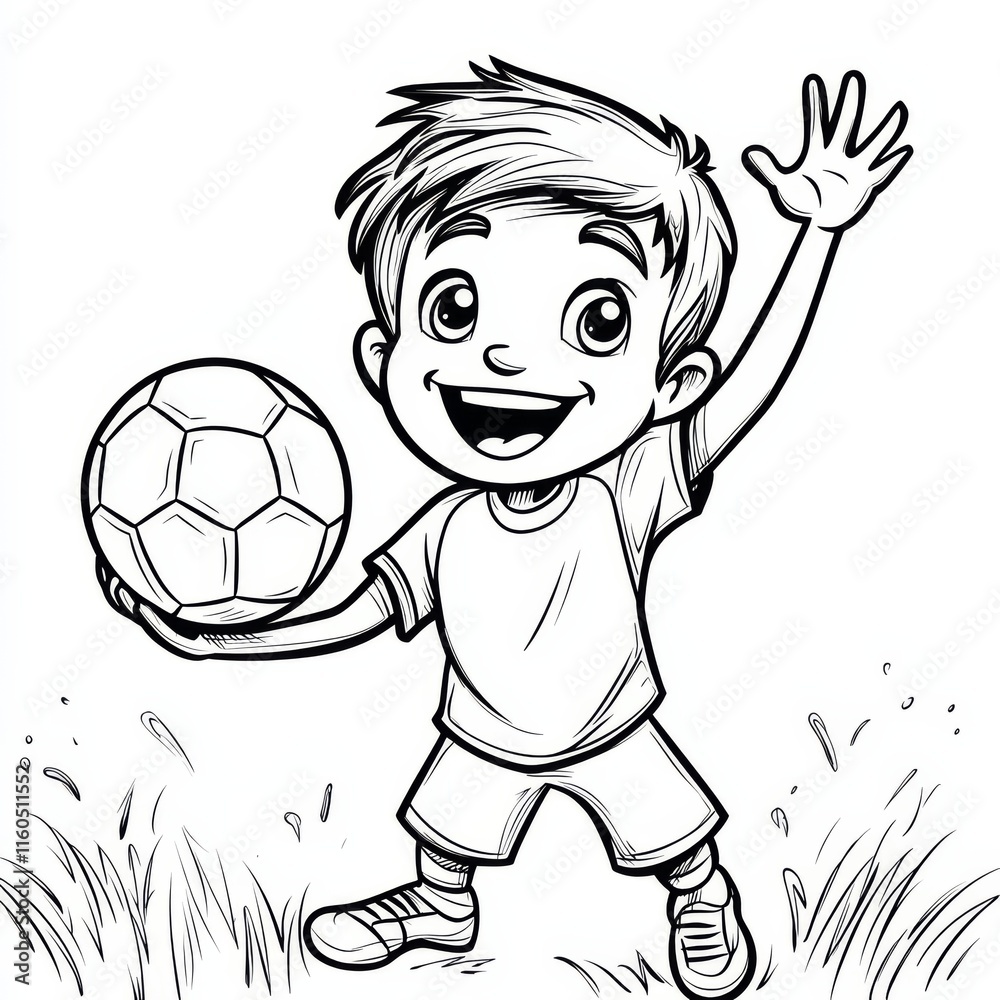 Obraz premium Little Soccer Star: A cheerful cartoon boy, brimming with excitement, stands on a grassy field, holding a soccer ball, ready for a game.