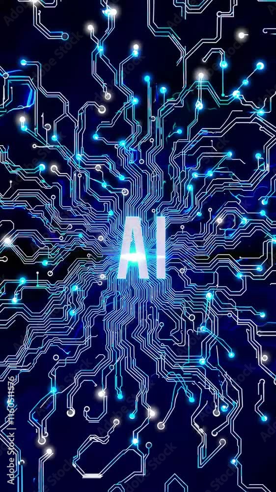 Futuristic visualization of artificial intelligence and neural networks. It features glowing, abstract neural pathways merging into intricate circuits, forming dynamic patterns.