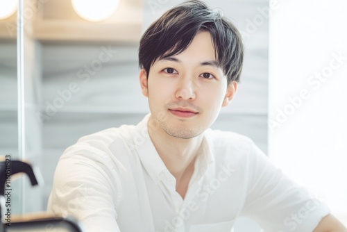 Free Download Young man smiling in a bright, modern bathroom setting with natural light - GFXLoad