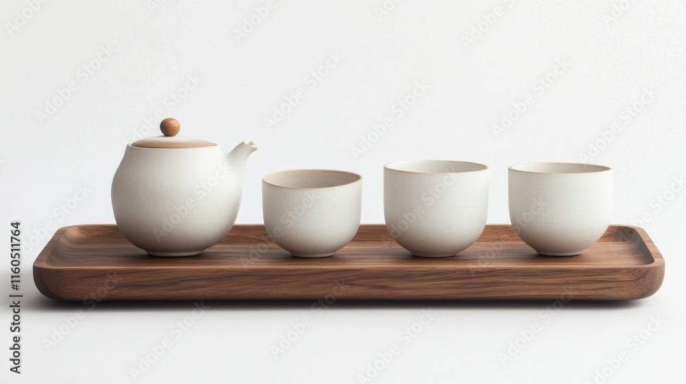 A modern, minimalist tea set arranged on a natural wood tray A modern, minimalist tea set arranged on a natural wood tray