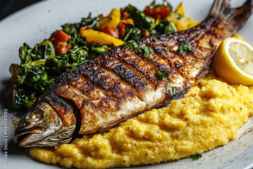 Grilled fish served with creamy polenta and sautéed greens in a vibrant culinary setting Grilled fish served with creamy polenta and sautéed greens in a vibrant culinary setting