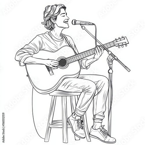 Acoustic Soul: A line drawing of a young person passionately singing and playing an acoustic guitar, their soulful expression captured in exquisite detail.