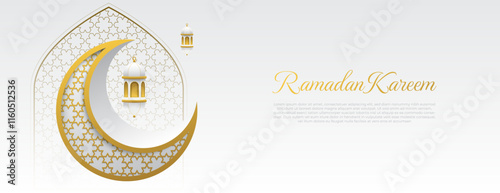 islamic banner background with crescent and lantern in white and gold color