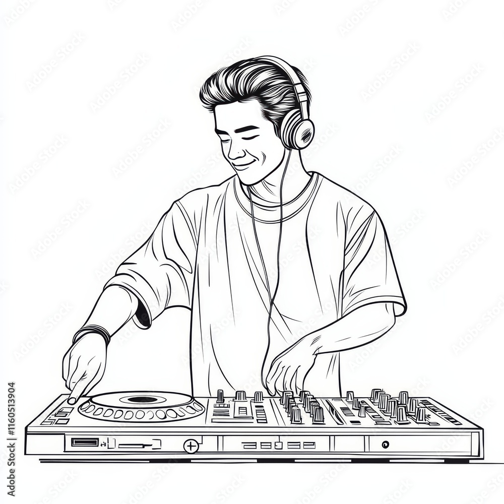 DJ in Action: A stylized illustration of a young DJ wearing headphones, smiling as he manipulates the controls of a mixing desk. Coloring page