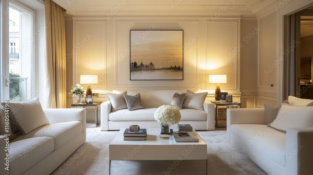 A bright living room with a combination of contemporary and classic decor, soft lighting, and neutral tones A bright living room with a combination of contemporary and classic decor, soft lighting, and neutral tones