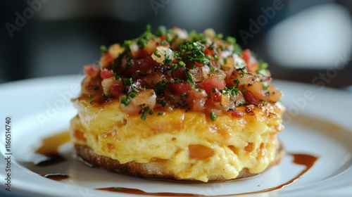 Delicious cheesy grits topped with crispy bacon and herbs. Perfect for restaurant menus or food blogs showcasing gourmet Southern cuisine. photo