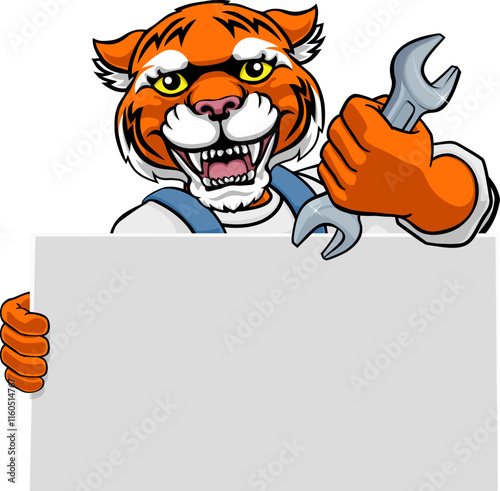 A tiger handyman, mechanic, plumber or other construction cartoon mascot man holding a wrench or spanner tool.