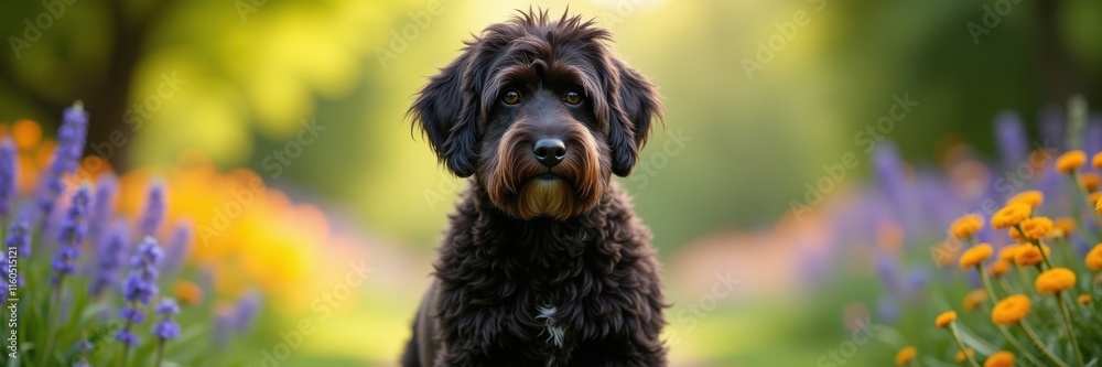 Adorable Portuguese Water Dog portrait with lush spring flowers background Adorable Portuguese Water Dog portrait with lush spring flowers background