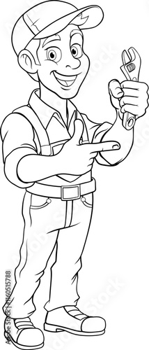 A mechanic or plumber handyman cartoon mascot man holding a wrench or spanner and pointing