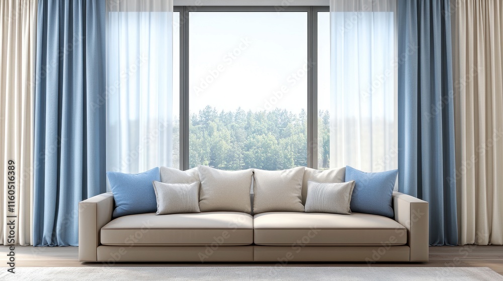 Fototapeta premium Beige sofa sits near large window with blue and white curtains. Perfect for showcasing home decor, interior design, or relaxation.