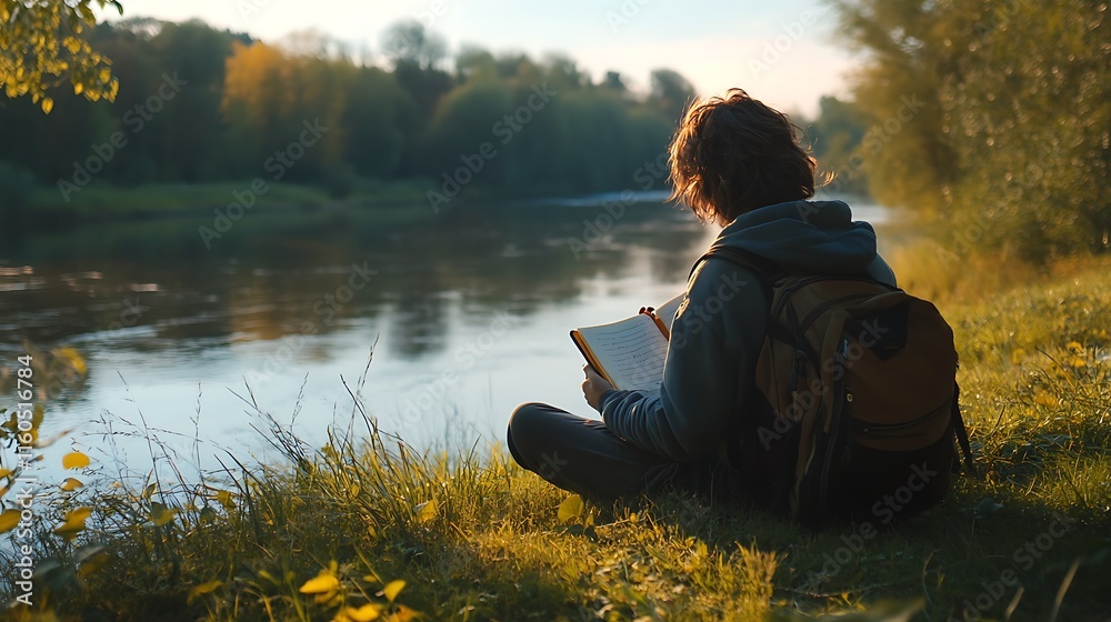 A tranquil moment of a person journaling beside a calm riverbank. A tranquil moment of a person journaling beside a calm riverbank.