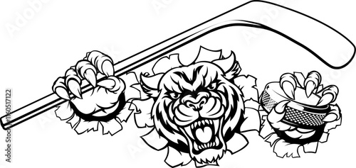 Photography A tiger ice hockey player animal sports mascot holding a hockey stick and puck