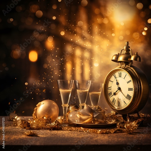 New Years Eve celebration golden banner with champagne glasses and old clock