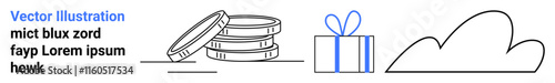 Stacked coins, wrapped gift with bow, and cloud outline. Ideal for finance, savings, gifting, cloud storage, online transactions digital security future planning. Landing page
