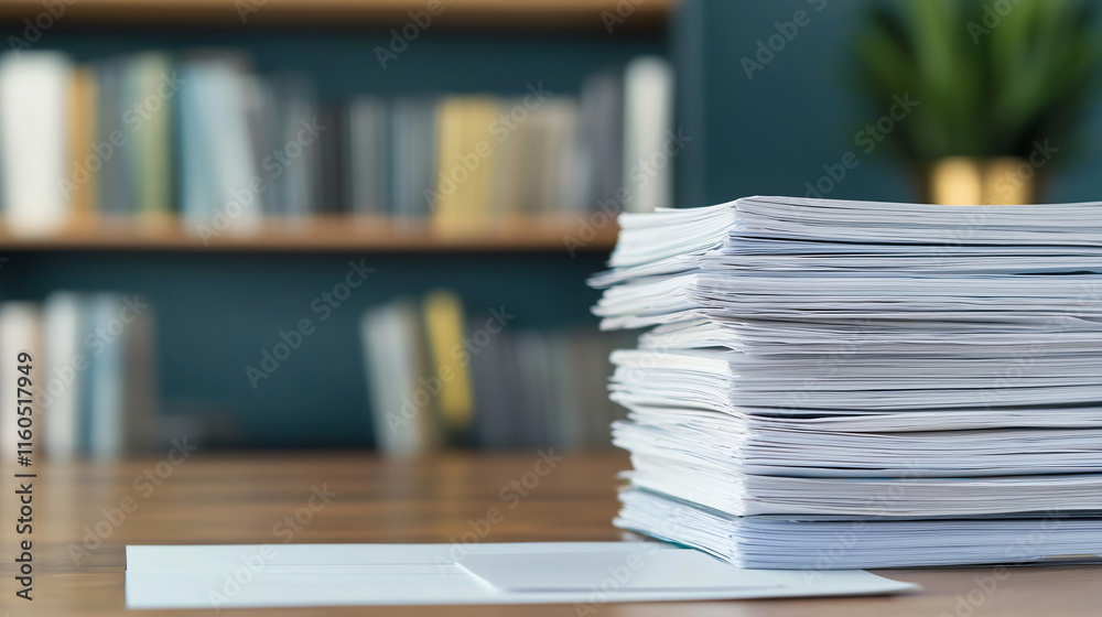 Stacks of paperwork on desk with blurred bookshelf background Stacks of paperwork on desk with blurred bookshelf background