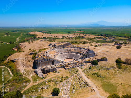 Miletus Archaeological Site aerial panoramic view near Didim city in Turkey photo