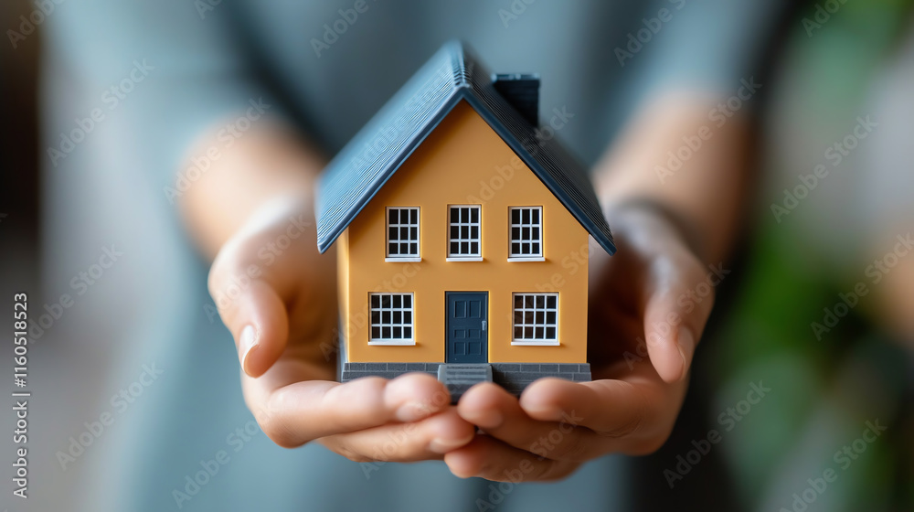 person holding small model house, symbolizing home ownership and real estate person holding small model house, symbolizing home ownership and real estate