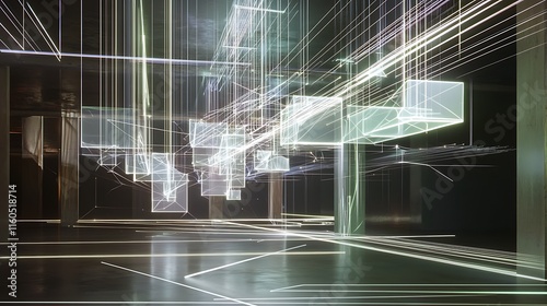 A large room with many boxes and lines