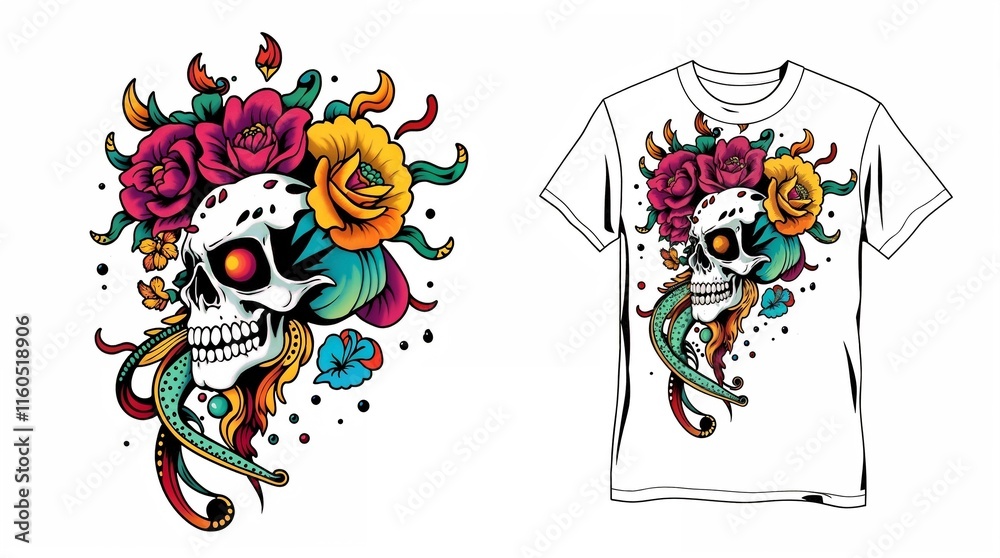 Fototapeta premium T-shirt mockup, print, Skull and flower graphic t-shirt design with vibrant colors and intricate details