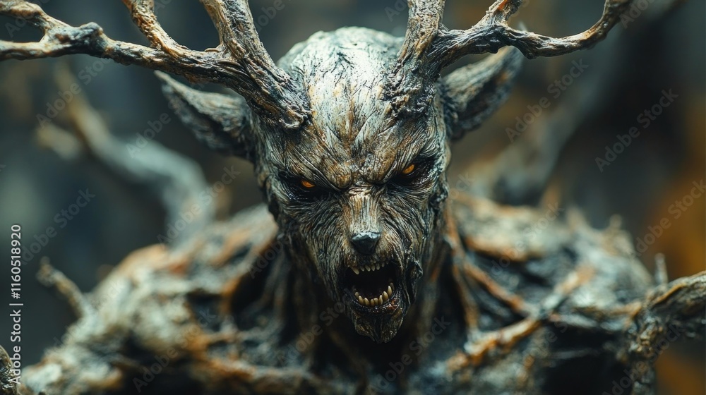 Fierce Deer-Like Creature with Tree Antlers. Generative AI Fierce Deer-Like Creature with Tree Antlers. Generative AI