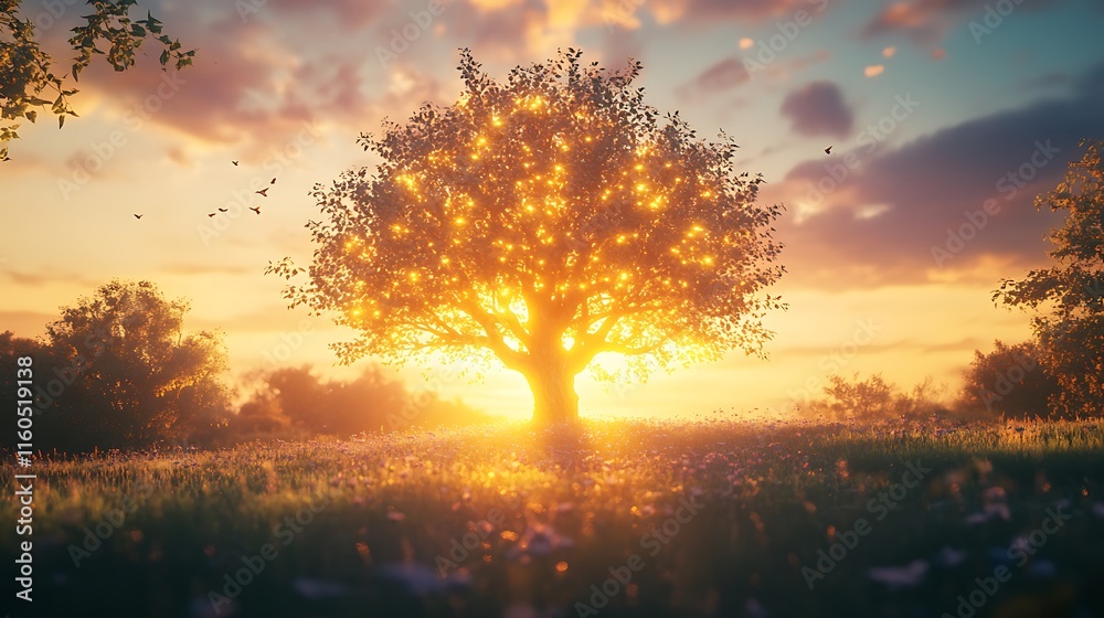 Obraz premium A vibrant tree of life symbol glowing in a peaceful meadow at sunset.
