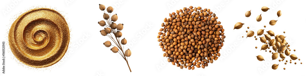 Coriander-Clipart concept. Seeds arranged artistically on a black background showcasing various textures and shapes. on Transparent background. Coriander-Clipart concept. Seeds arranged artistically on a black background showcasing various textures and shapes. on Transparent background.