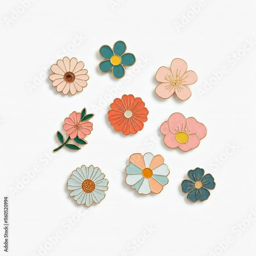 A collection of nine enamel pins shaped like flowers, featuring various colors (pink, orange, blue, green, beige) and designs, arranged on a white background. Some flowers have solid petals, while oth