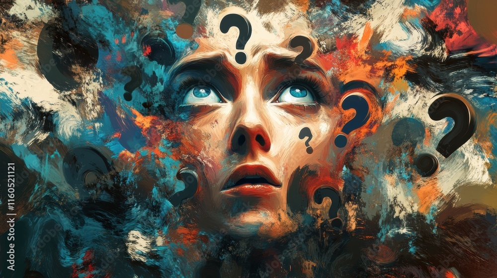 A face filled with confusion, surrounded by swirling question marks and chaotic color splashes A face filled with confusion, surrounded by swirling question marks and chaotic color splashes