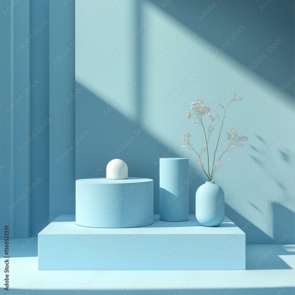 Minimalist Blue Product Display Platform with Flowers Minimalist Blue Product Display Platform with Flowers