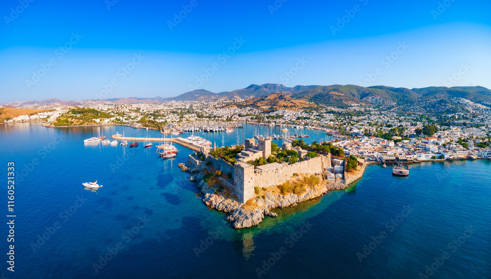 The Bodrum Castle and marina aerial panoramic view in Turkey
