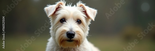 Charming Sealyham Terrier puppy portrait with adorable expressive eyes and fluffy coat outdoor backdrop photo