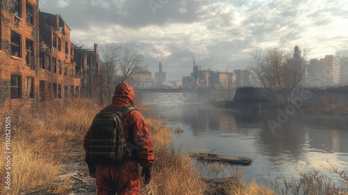 Dark and desolate landscape showing a lone figure in protective gear amid urban ruins photo