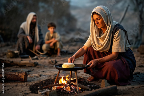 a widow of zarephath with her boy baking a bread for Elijah, Bible Story 03 photo