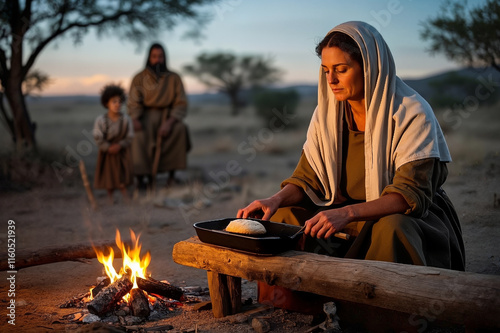 a widow of zarephath with her boy baking a bread for Elijah, Bible Story 04