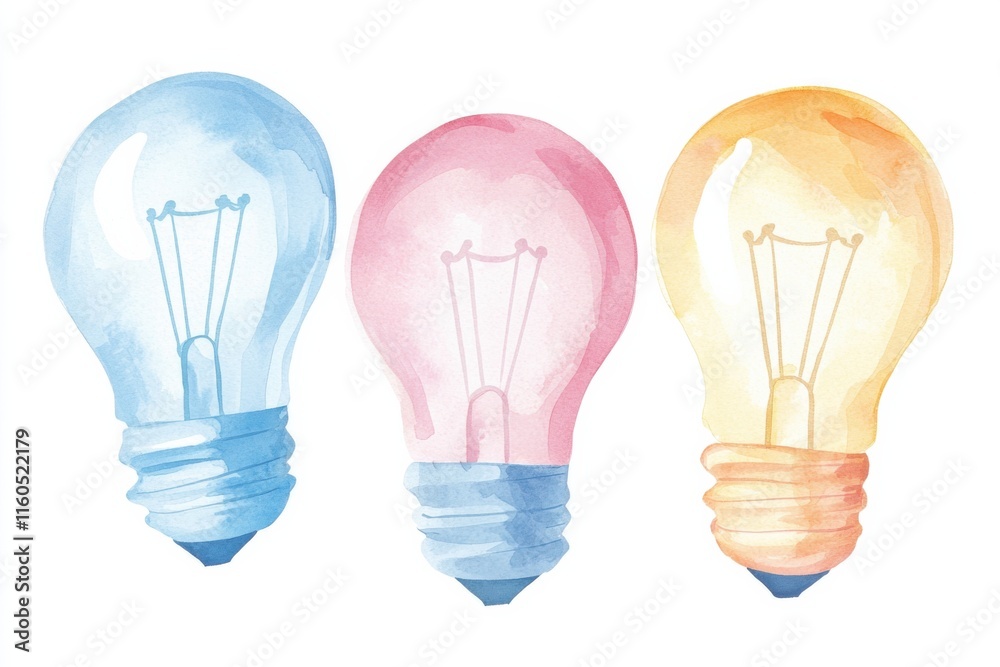 Watercolor light bulbs in soft hues artistic display creative environment illuminating ideas, isolated on white background Watercolor light bulbs in soft hues artistic display creative environment illuminating ideas, isolated on white background
