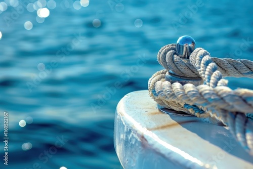 Close-up of nautical rope tied to a boat cleat, on a sunny day at sea.