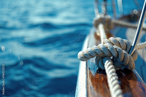 Close-up of nautical rope knots on sailboat deck, ocean background.