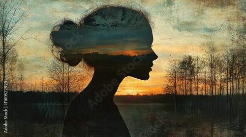 Silhouette of a woman with sunset landscape overlaid on her face, textured background. Ideal for concepts of inner peace, dreams, or finding oneself.