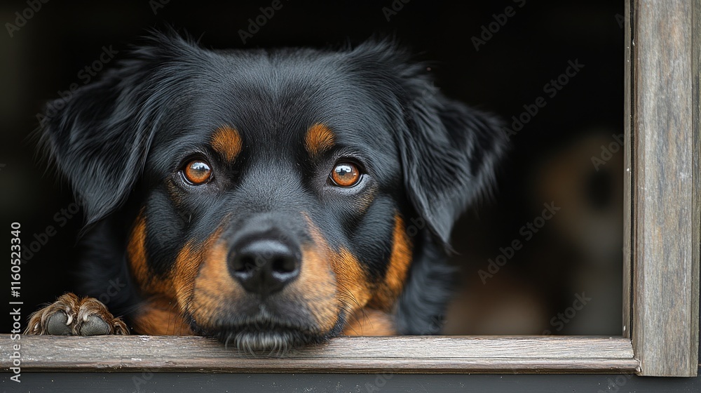 Dog sitting in front of a red wooden barn looking curiously at the camera on a sunny day Dog sitting in front of a red wooden barn looking curiously at the camera on a sunny day
