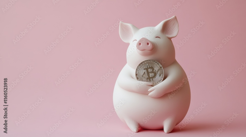 A minimalist pig figure hugging a single large coin with a matte finish A minimalist pig figure hugging a single large coin with a matte finish