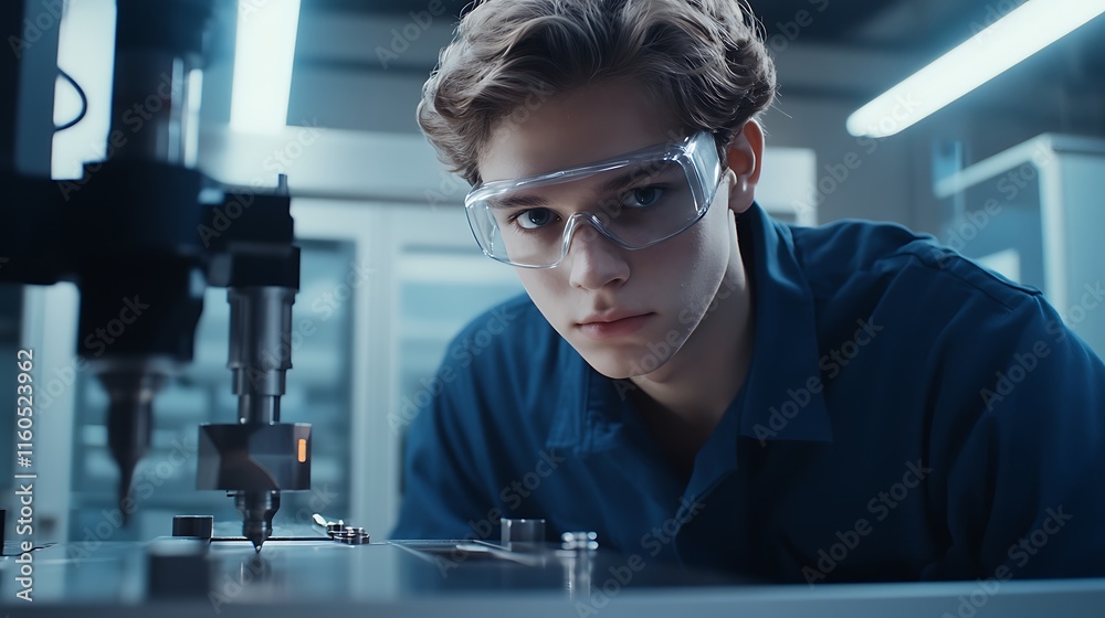 A young factory worker carefully positioning a metal part on a drilling machine in a modern processing workshop, wearing a blue work shirt and safety goggles.