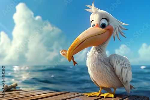 Cartoon pelican holding fish on dock. (2)