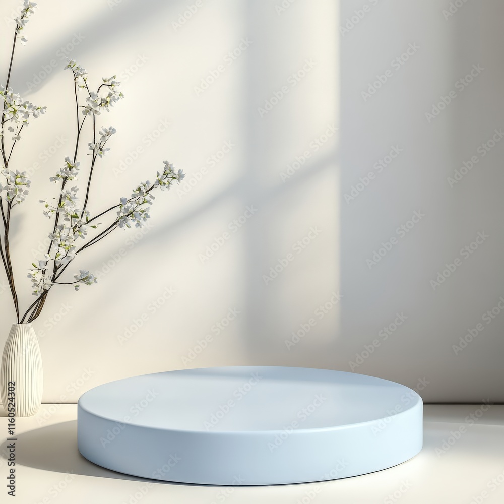 Fototapeta premium Light Blue Round Product Display Platform with White Flowers