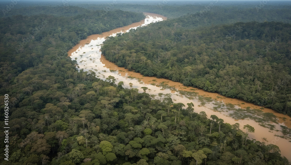 Obraz premium Amazon Rainforest Aerial Perspective: A Generative AI Artwork of Nature's Splendor