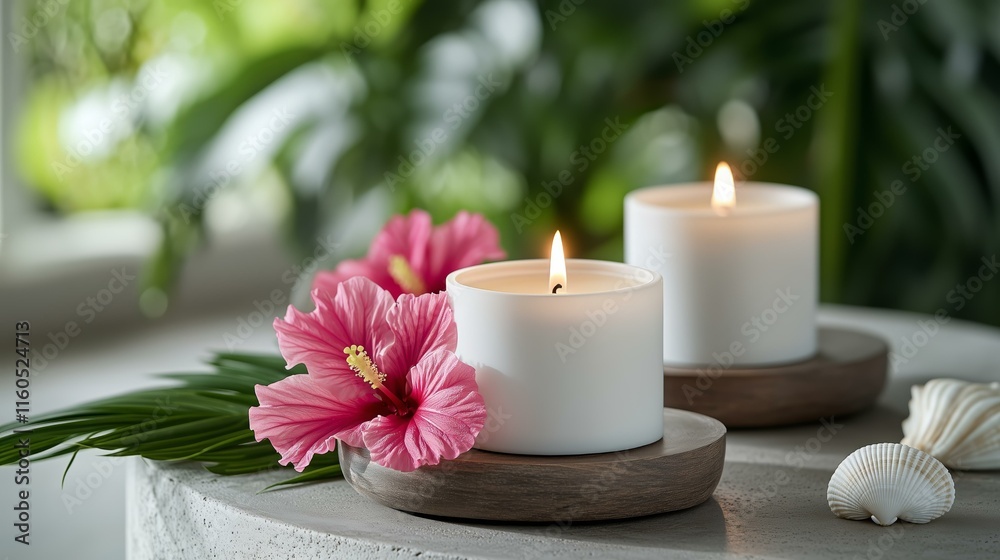 Tranquil spa setting with lit candles and hibiscus flowers on wooden tray in natural light Tranquil spa setting with lit candles and hibiscus flowers on wooden tray in natural light